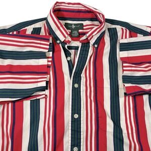Hunt Club Large Red White Green Striped Button Down Shirt Short Sleeve Preppy